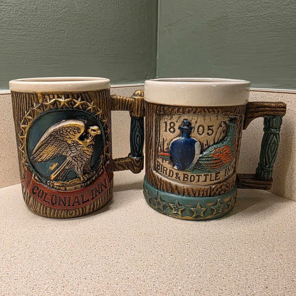 Tavern Style Beer Stein or Coffee Mug Colonial Inn Bird & Bottle Set 2 Faux Wood